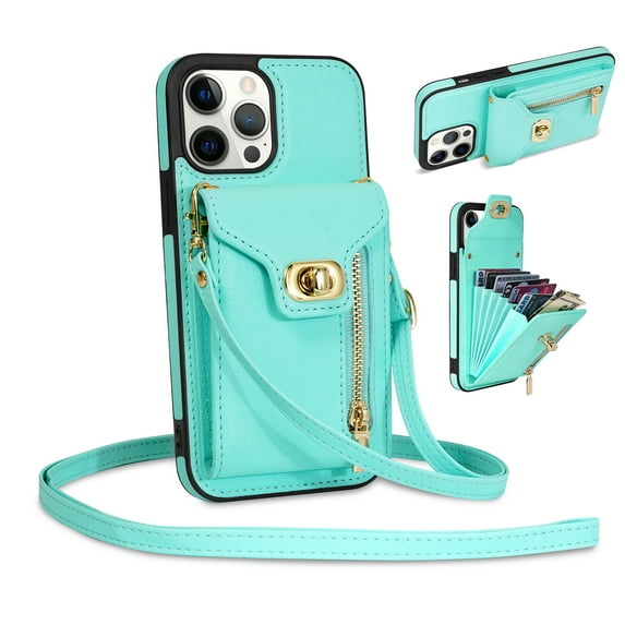 Mantto for iPhone 13 Pro Back Zipper Wallet Case with Detachable Shoulder Strap,Luxury Metal Buckle Card Slots Shockproof Premium PU Leather Stand Crossbody Phone Case for Women Men,Mint