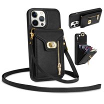 Mantto for iPhone 13 Pro Back Zipper Wallet Case with Detachable Shoulder Strap,Luxury Metal Buckle Card Slots Shockproof Premium PU Leather Stand Crossbody Phone Case for Women Men,Black