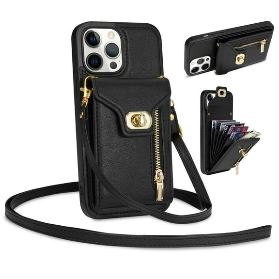 Mantto for iPhone 13 Pro Back Zipper Wallet Case with Detachable Shoulder Strap,Luxury Metal Buckle Card Slots Shockproof Premium PU Leather Stand Crossbody Phone Case for Women Men,Black