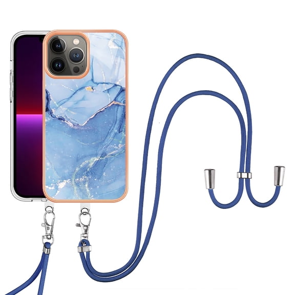 Mantto for iPhone 13 Pro Case, with Lanyard Adjustable Strap, Marble Pattern Soft TPU Bumper Hard PC Back Shockproof Protective Glossy Stylish Durable Phone Case for Women Girls,Blue