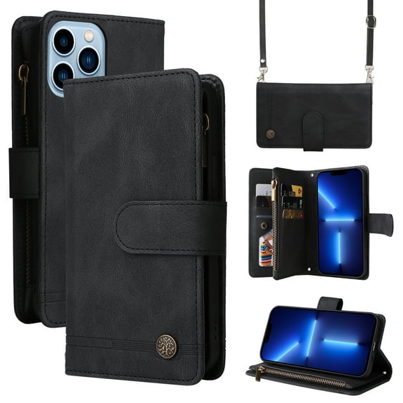 Mantto iPhone 13 Pro Max Cover, Wallet Card Slot Crossbody/Shoulder Strap + Wristlet Strap Magnetic Flip Premium PU Leather Zipper Pocket With Kickstand For Apple iPhone 13 Pro Max,
Black