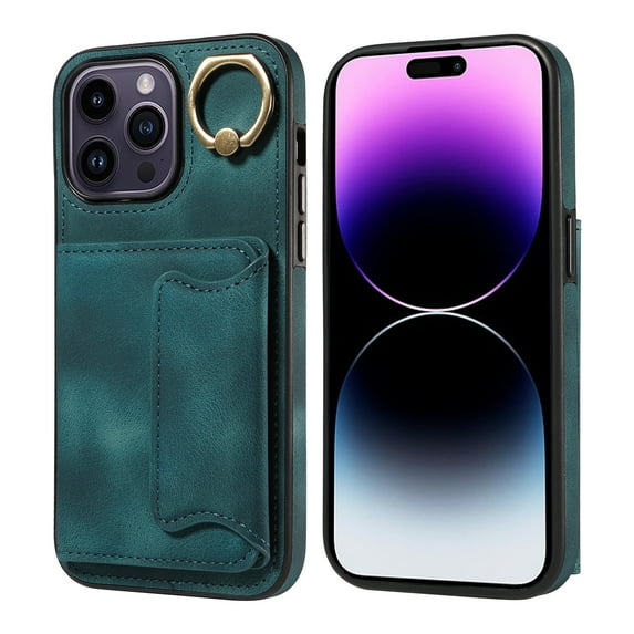 Mantto for iPhone 13 Pro PU Leather Wallet Case with Ring Holder Bracket, TPU Shockproof Credit Card Holder Magnetic Buttons Cover, Full Corners Protective Phone Case, Green