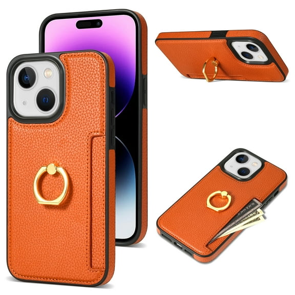 Mantto for iPhone 13 Wallet case with [360°Rotation Ring Kickstand]【RFID Blocking】 Credit Card Holder, PU Leather Phone case Cover Women Men For iPhone 13, Orange