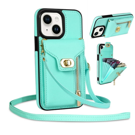 Mantto for iPhone 14 Back Zipper Wallet Case with Detachable Shoulder Strap,Luxury Metal Buckle Card Slots Shockproof Premium PU Leather Stand Crossbody Phone Case for Women Men,Mint