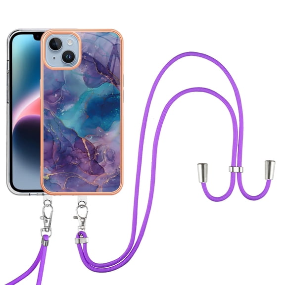 Mantto for iPhone 14 Case, with Lanyard Adjustable Strap, Marble Pattern Soft TPU Bumper Hard PC Back Shockproof Protective Glossy Stylish Durable Phone Case for Women Girls,Purple