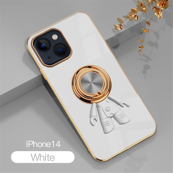 Mantto iPhone 14 Case with Ring Buckle & Camera Protection, Luxury Plating Soft TPU Bumper Astronaut Pattern Magnetic Kickstand 360 Degree Full Protective Phone Case for Apple iPhone 14 6.1", White
