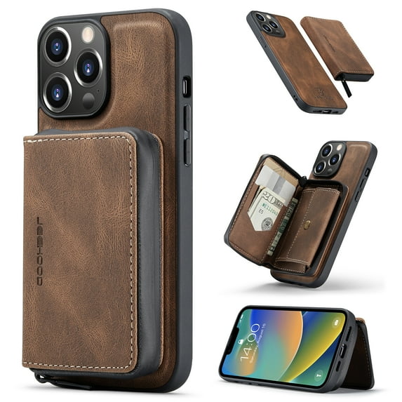 Mantto for iPhone 14 Case Wallet Case, Detachable PU Leather Zipper Pocket Magnetic Buckle Folio Wallet Credit Card Slots Stand Flip Back Case for iPhone 14 6.1", Brown