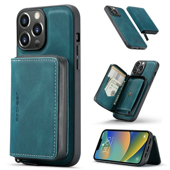Mantto for iPhone 14 Case Wallet Case, Detachable PU Leather Zipper Pocket Magnetic Buckle Folio Wallet Credit Card Slots Stand Flip Back Case for iPhone 14 6.1", Blue
