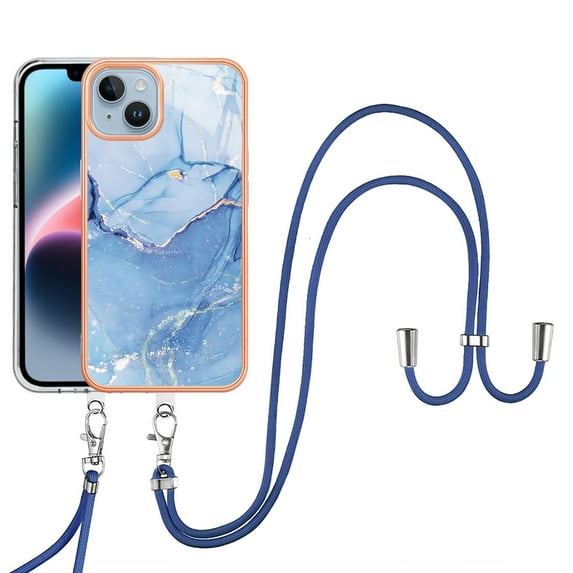 Mantto for iPhone 14 Plus Case, with Lanyard Adjustable Strap, Marble Pattern Soft TPU Bumper Hard PC Back Shockproof Protective Glossy Stylish Durable Phone Case for Women Girls,Blue