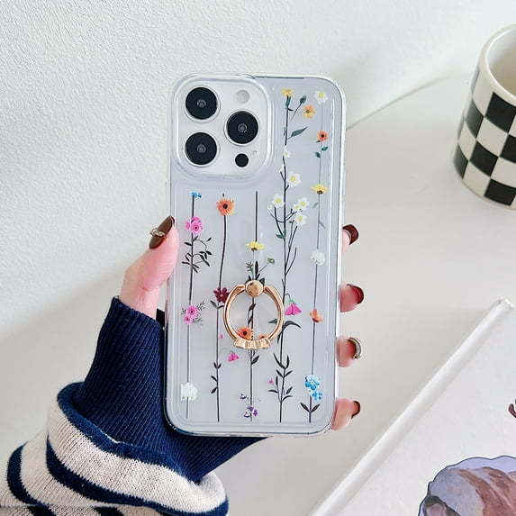 Mantto for iPhone 14 Pro Case, Cute Flowers Floral Chic Design Glitter Diamond Ring Kickstand Phone Cover for Women Girls, Shockproof Durable TPU Transparent Slim Phone Case,B