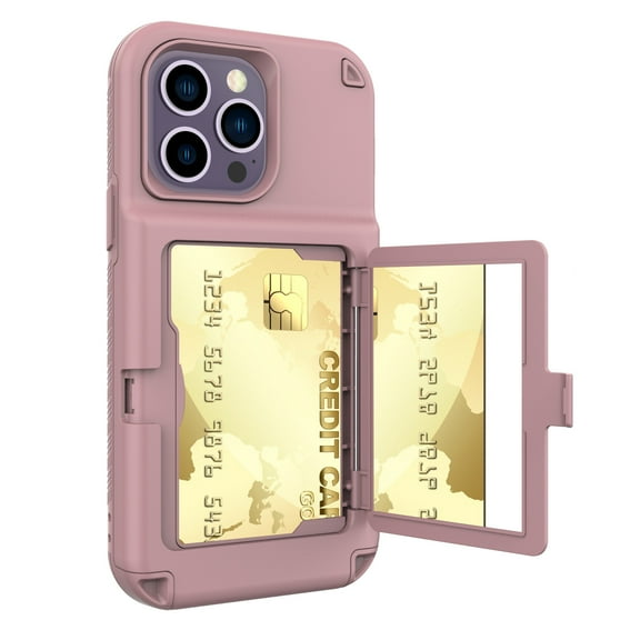 Mantto for iPhone 14 Pro Case, Wallet Credit Card Holder Case, Shockproof Heavy-Duty Protective Hybrid Cover with Card Slot Holder and Mirror & Kickstand Case for iPhone 14 Pro,Rosegold