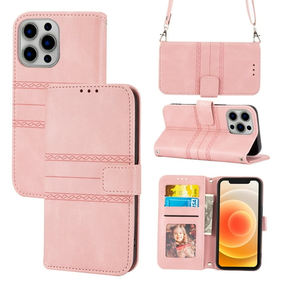 Mantto for iPhone 14 Pro Max Case with Card Holder,Sleek Leather Crossbody Phone Case with Wallet & Shoulder Strap Flip Magnetic Kickstand Case for iPhone 14 Pro Max, Pink