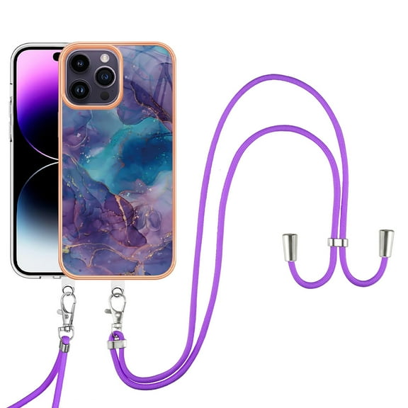 Mantto for iPhone 14 Pro Max Case, with Lanyard Adjustable Strap, Marble Pattern Soft TPU Bumper Hard PC Back Shockproof Protective Glossy Stylish Durable Phone Case for Women Girls,Purple