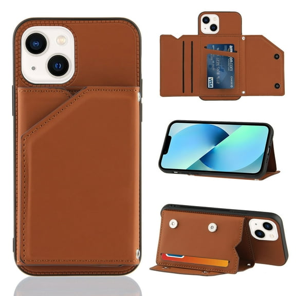 Mantto for iPhone 14 Wallet Case, Double Magnetic Clasp Back Flip Kickstand with RFID Blocking Credit Card Holder Folio Durable Leather Phone Cases for Women Men Girls,Brown