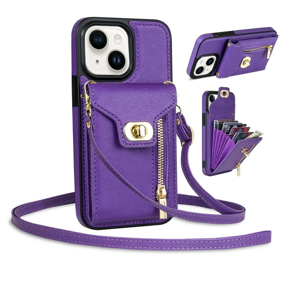 Mantto for iPhone 15 Plus Back Zipper Wallet Case with Detachable Shoulder Strap,Luxury Metal Buckle Card Slots Shockproof Premium PU Leather Stand Crossbody Phone Case for Women Men,Purple