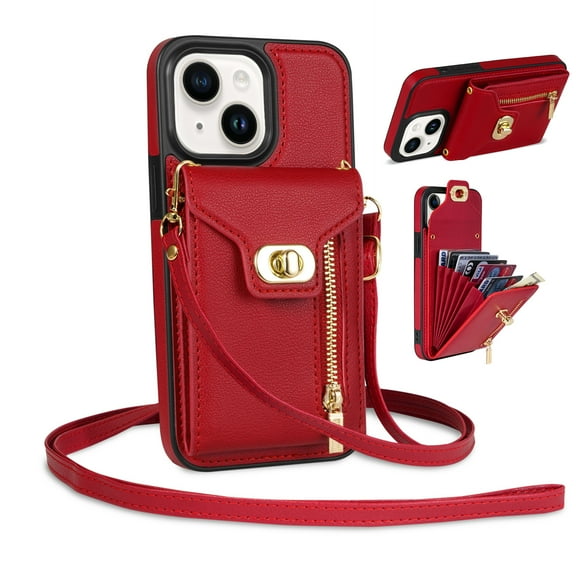 Mantto for iPhone 15 Plus Back Zipper Wallet Case with Detachable Shoulder Strap,Luxury Metal Buckle Card Slots Shockproof Premium PU Leather Stand Crossbody Phone Case for Women Men,Red