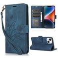 thumbnail image 1 of Mantto for iPhone 15 Plus Embossed Pattern Wallet Case with Wrist Strap, Premium Retro PU Leather Magnetic Flip Kickstand Function Credit Card Holder Shockproof Slim Phone Case,Blue, 1 of 8