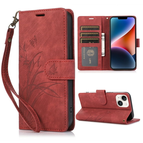 Mantto for iPhone 15 Plus Embossed Pattern Wallet Case with Wrist Strap, Premium Retro PU Leather Magnetic Flip Kickstand Function Credit Card Holder Shockproof Slim Phone Case,Red