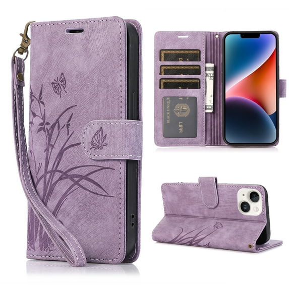 Mantto for iPhone 15 Plus Embossed Pattern Wallet Case with Wrist Strap, Premium Retro PU Leather Magnetic Flip Kickstand Function Credit Card Holder Shockproof Slim Phone Case,Purple
