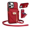 thumbnail image 1 of Mantto for iPhone 15 Pro Back Zipper Wallet Case with Detachable Shoulder Strap,Luxury Metal Buckle Card Slots Shockproof Premium PU Leather Stand Crossbody Phone Case for Women Men,Red, 1 of 8