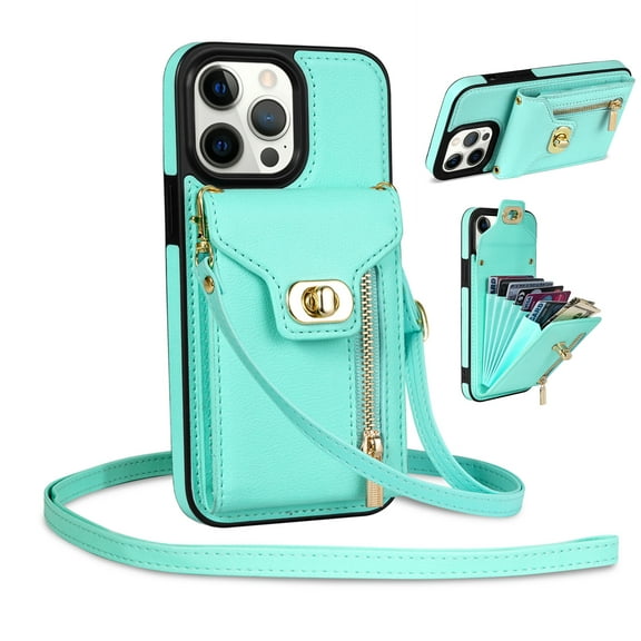 Mantto for iPhone 15 Pro Back Zipper Wallet Case with Detachable Shoulder Strap,Luxury Metal Buckle Card Slots Shockproof Premium PU Leather Stand Crossbody Phone Case for Women Men,Mint