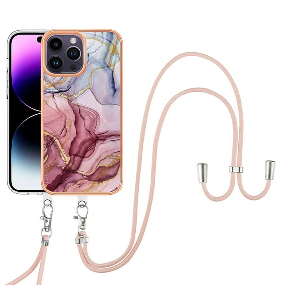 Mantto for iPhone 15 Pro Max Case, with Lanyard Adjustable Strap, Marble Pattern Soft TPU Bumper Hard PC Back Shockproof Protective Glossy Stylish Durable Phone Case for Women Girls,Rose-carmine