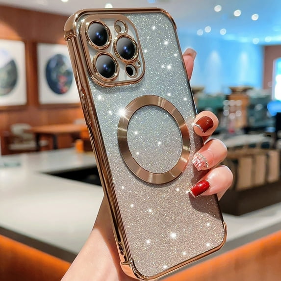 Mantto for iPhone 15 Pro Max Magnetic Gradient Glitter Case Compatible with Magsafe Charging Luxury Plating Cute Bling Clear Cover for Women Girls Soft TPU Slim Shockproof Phone Case,Gold
