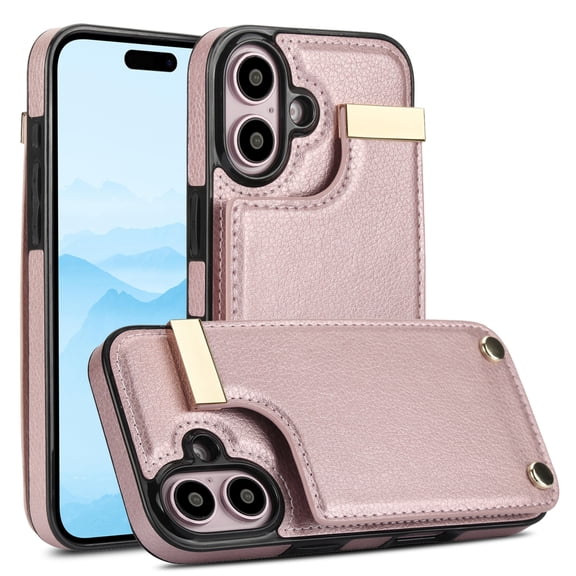 Mantto for iPhone 16 Plus Back Wallet Case with Card Holder, Magnetic Clasp 3 Card Slots RFID Blocking Premium PU Leather Shockproof Anti-Scratch Wallet Phone Case for iPhone 16 Plus, Rosegold
