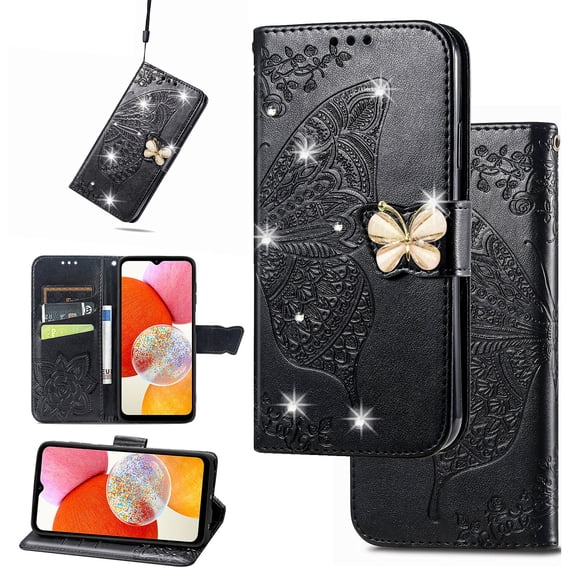 Mantto For iPhone 16 Plus Wallet Case, Bling Diamond PU Leather Flip Wallet Case Hand Strap Butterfly Embossed Protective Flip Kickstand Card Holder Magnetic Closure Phone Cover,Black