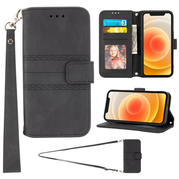 Mantto for iPhone 16 Pro Wallet Case, PU Leather with Long Crossbody Strap Card Slots Soft TPU Inner Shockproof Protective Flip Cover Phone Case for iPhone 16 Pro 6.7 inch, Black