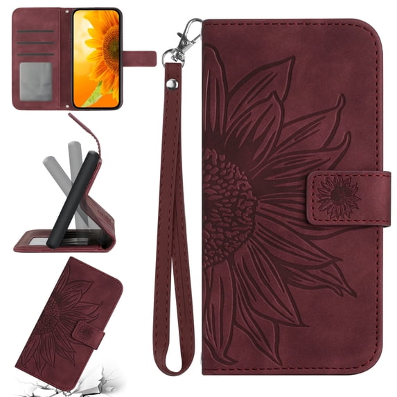 Mantto for iPhone 16 Pro Wallet Case with Wrist Strap,Stylish Sunflower Embossed PU Leather Shockproof Protective Magnetic Flip Stand Card Slots Protective Phone Cover,Winered