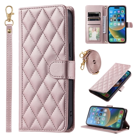 Mantto for iPhone 16 Wallet Case with Detachable Wrist Strap & Shoulder Strap,Shockproof Luxury PU Leather Purse Credit Card Slots Magnetic Flip Kickstand Crossbody Phone Case, Rosegold