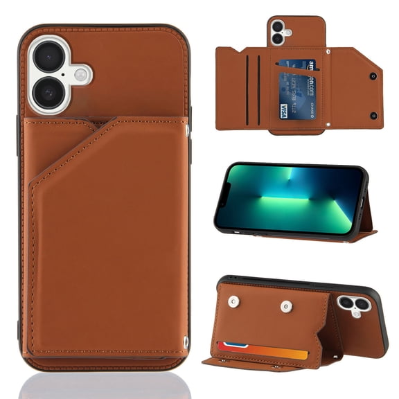Mantto for iPhone 16 Wallet Case, Double Magnetic Clasp Back Flip Kickstand with RFID Blocking Credit Card Holder Folio Durable Leather Phone Cases for Women Men Girls,Brown