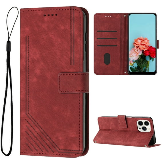 Mantto for iPhone 16 Wallet Case for Women Men,Durable PU Leather Shockproof Magnetic Clasp Folio Credit Card Slots Flip Kickstand Slim Phone Case with Wrist Strap,Red