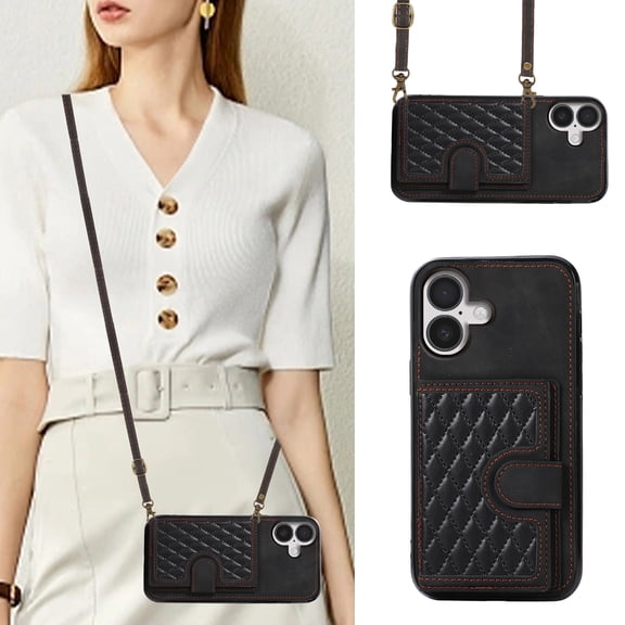 Mantto For iPhone 16 Wallet Phone Case Cute Elegant PU Leather Case with Card Holder Crossbody Cover for Women Girls Shoulder Strap Wristlet RFID Blocking Shockproof Case,Black