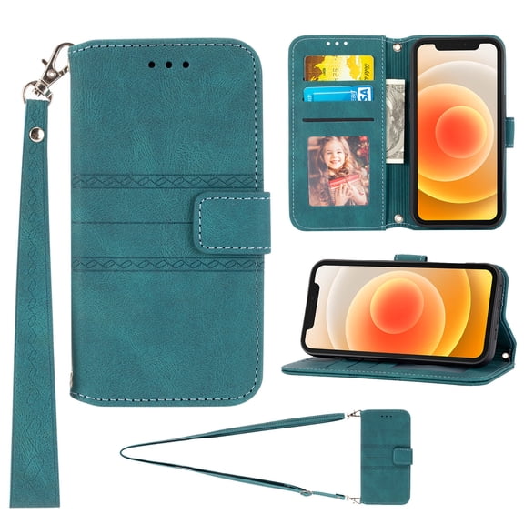 Mantto for iPhone 16e Wallet Case, PU Leather with Long Crossbody Strap Card Slots Soft TPU Inner Shockproof Protective Flip Cover Phone Case for iPhone 16e, Darkgreen