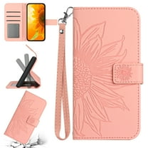 Mantto for iPhone 16e Wallet Case with Wrist Strap,Stylish Sunflower Embossed PU Leather Shockproof Protective Magnetic Flip Stand Card Slots Protective Phone Cover,Pink