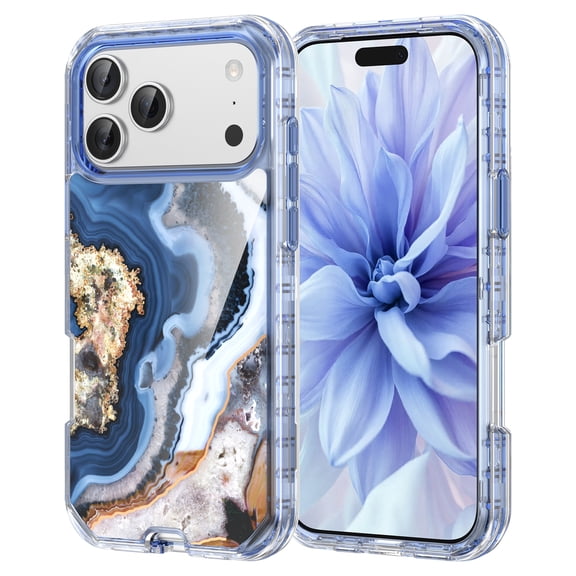 Mantto for iPhone 17 Case, 3 in 1 Slim Hybrid Crystal Rubber Bumper Cute Marble Pattern Hard PC Soft Silicone Drop Protection Women Girls Cover for iPhone 17, Blue Marble