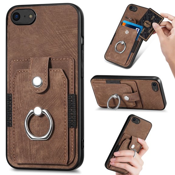 Mantto for iPhone 7 / 8 / SE 2020 / SE 2022 Back Wallet Case,with Elastic Card Holder,Shockproof PU Leather 360° Rotation Ring Kickstand Support Magnetic Car Mount Phone Case for Women Men,Brown