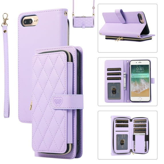 Mantto for iPhone 7/8/SE 2020/SE 2022 Wallet Case,Crossbody Phone Case PU Leather Zipper with Wrist Strap & Shoulder Strap Flip Cover Credit Card Holder Magnetic Shockproof Protective Case,Purple