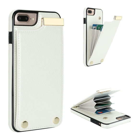 Mantto for iPhone 7 Plus/8 Plus Back Wallet Case with Card Holder, Magnetic Clasp 3 Card Slots RFID Blocking Premium PU Leather Shockproof Anti-Scratch Wallet Phone Case, White
