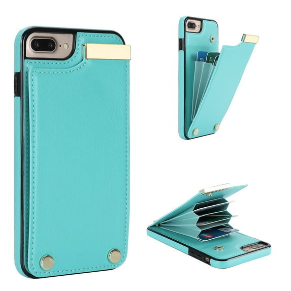 Mantto for iPhone 7 Plus/8 Plus Back Wallet Case with Card Holder, Magnetic Clasp 3 Card Slots RFID Blocking Premium PU Leather Shockproof Anti-Scratch Wallet Phone Case, Mint