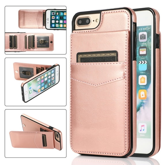Mantto For iPhone 7 Plus Case, iPhone 8 Plus Case, Durable Shockproof Wallet Card Slots Case with Card Holder Pocket Back,PU Leather Kickstand Back Flip Cover - Rose Gold