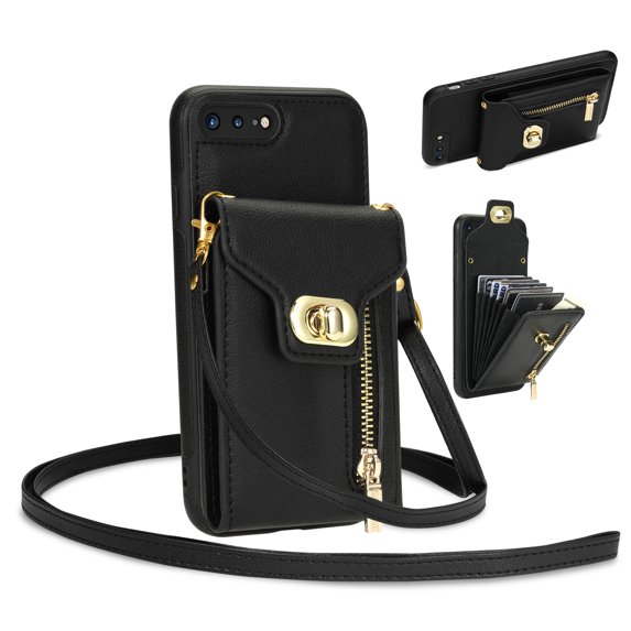 Mantto for iPhone 8 Plus/7 Plus Back Zipper Wallet Case with Detachable Shoulder Strap,Luxury Metal Buckle Card Slots Shockproof Premium PU Leather Stand Crossbody Phone Case for Women Men,Black