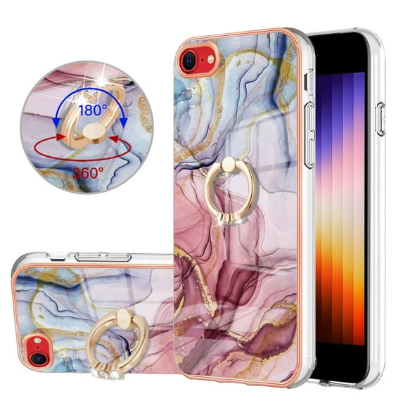 Mantto For iPhone SE 2022 Case,Ring Holder Stand Marble Pattern 3 in 1 Rugged Shockproof Hybrid Hard PC Soft Rubber Bumper Drop Protective Girls Women Boy Men Phone Cases,Rose