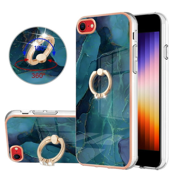 Mantto For iPhone SE 2022 Case,Ring Holder Stand Marble Pattern 3 in 1 Rugged Shockproof Hybrid Hard PC Soft Rubber Bumper Drop Protective Girls Women Boy Men Phone Cases,Green