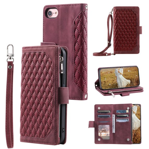 Mantto For iPhone SE 2022 / SE 2020 / 8 / 7, Premium PU Leather Crossbody Case Purse Zipper Pocket Magnetic Folio Card Slots Wallet Kickstand Phone Case with Shoulder Strap & Wrist Strap,
Winered