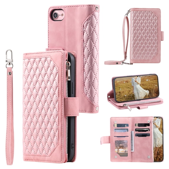 Mantto For iPhone SE 2022 / SE 2020 / 8 / 7, Premium PU Leather Crossbody Case Purse Zipper Pocket Magnetic Folio Card Slots Wallet Kickstand Phone Case with Shoulder Strap & Wrist Strap,
Rosegold