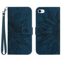 Mantto for iPhone SE 2022 / iPhone SE 2020 / iPhone 8 / iPhone 7  (4.7 inch) Wallet Case with Wrist Strap,Stylish Sunflower Embossed PU Leather Magnetic Flip Stand Card Slots Phone Cover,Inkblue