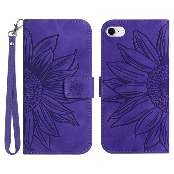 Mantto for iPhone SE 2022 / iPhone SE 2020 / iPhone 8 / iPhone 7 (4.7 inch) Wallet Case with Wrist Strap,Stylish Sunflower Embossed PU Leather Magnetic Flip Stand Card Slots Phone Cover,Darkpurple